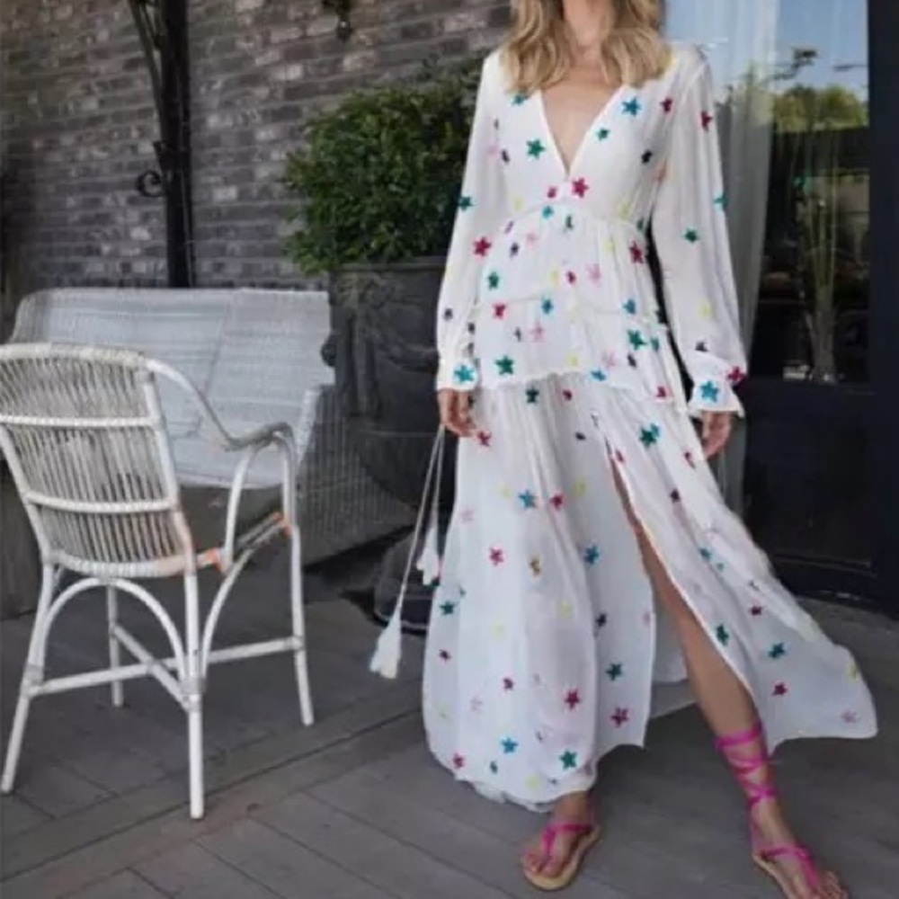 Sandy Stars Boho Embroidered Long Maxi Gown In White Rainbow Stars 5⭐️Rated - Picture 6 of 13